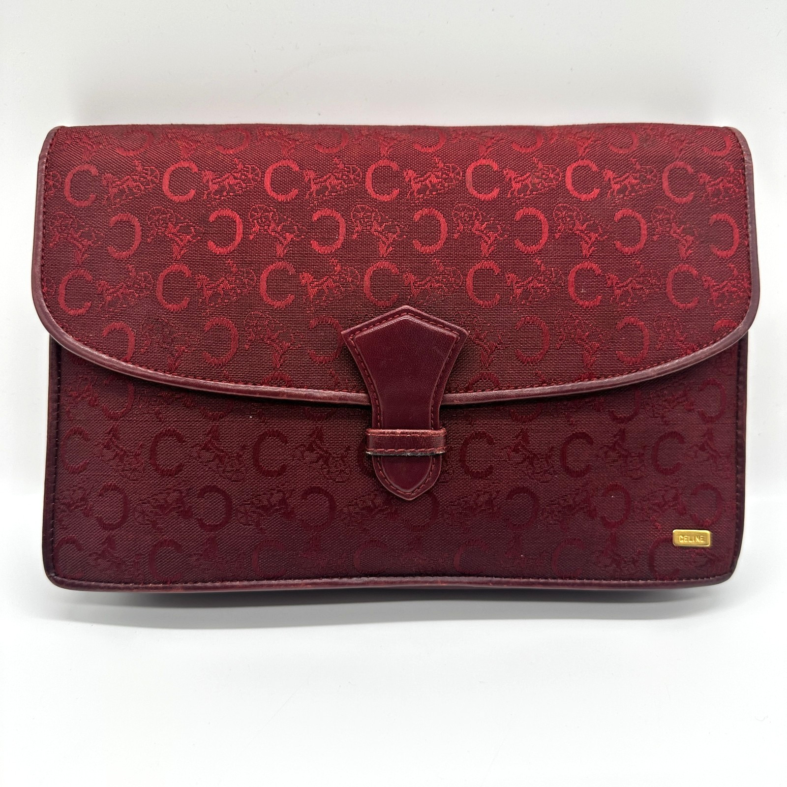 CELINE Vintage C Macadam Clutch Bag Pouch Purse Red Canvas Leather Auth Japan