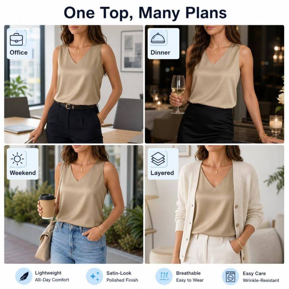 Women Silk Satin Tank Top V Neck Sleeveless Summer Blouse Business Casual Top