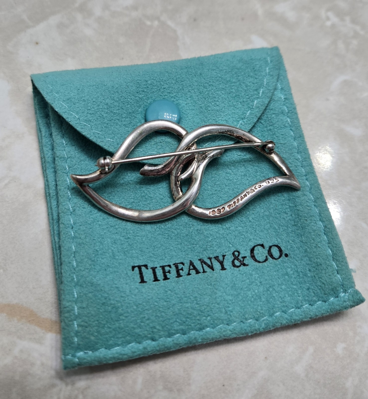 TIFFANY & CO Silver 925 Double Open Leaf Brooch with Pouch