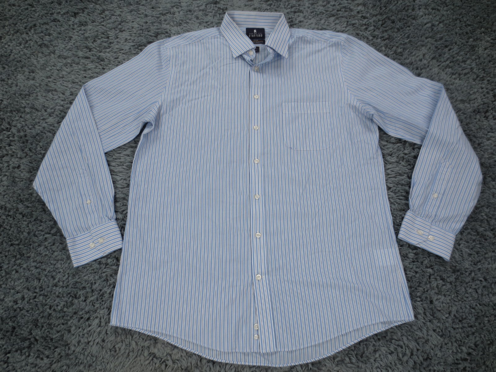 Stafford Shirt Men 16.5 Blue Striped Easy Care Travel Blend Broadcloth Button Up