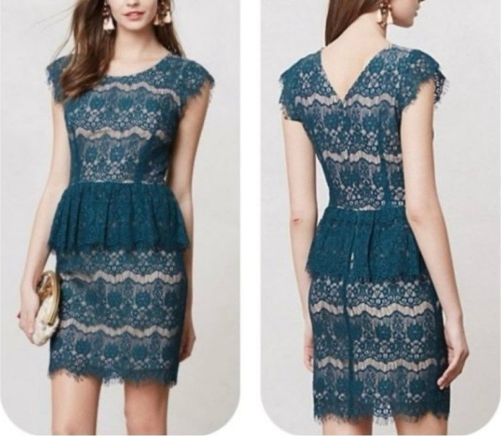 MAEVE Elsa Dark Teal Nude Lace Peplum Dress Lace Romantic Special Occassion