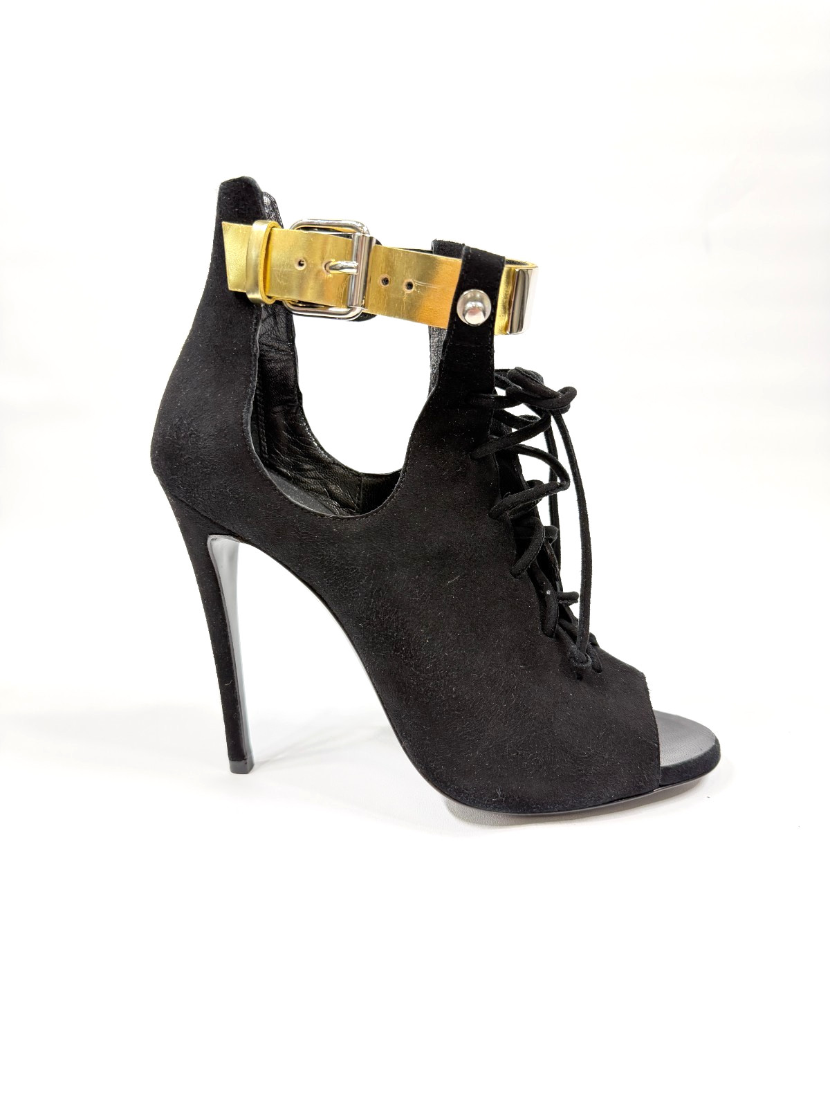 Giuseppe Zanotti x Anja Rubik Black Suede Lace Up Peep Toe Heels Gold Strap 37