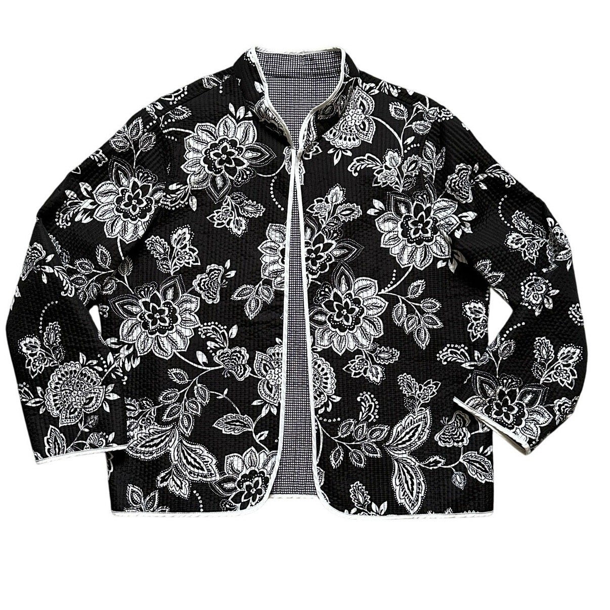 Cottagecore Reversible Quilted Floral Jacket Black White Open Front M