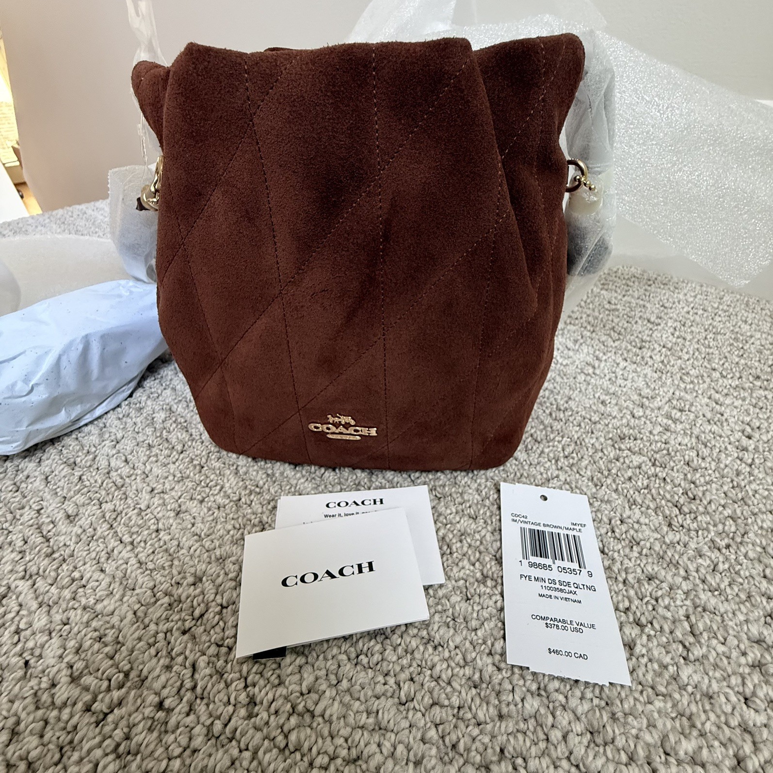 🤎 NWT COACH Faye Mini Drawstring Bag With Quilting Suede & Leather CDC42 Brown