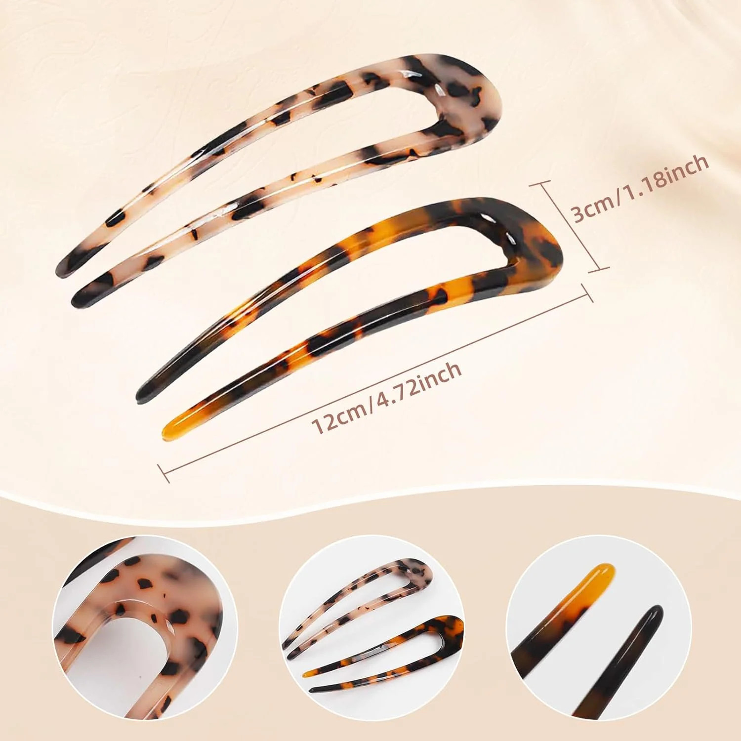 2 Pack Benefree French Style Cellulose Acetate Tortoise Shell U Shaped 4.7 inch