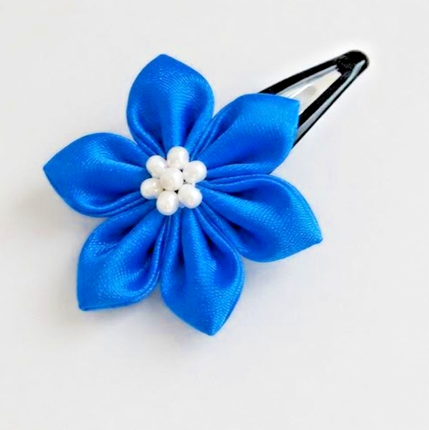 Blue Satin Flower Hair Clip with Pearl Center Hair Clip