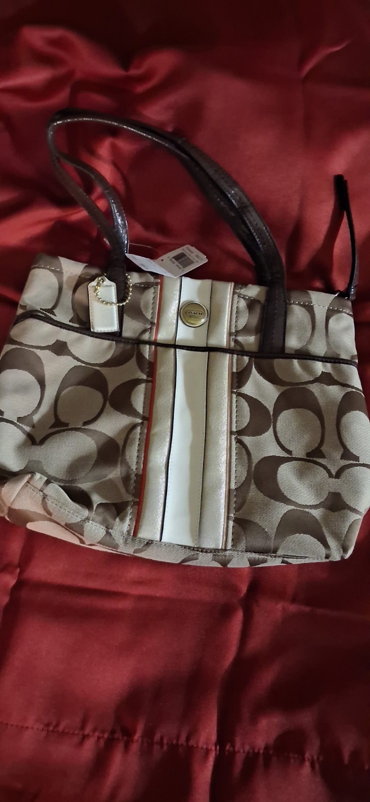 NEW COACH F24666 SIGNATURE MULTI STRIPE TOTE KHAKI/VERMILLION MULTICOLOR-NWT