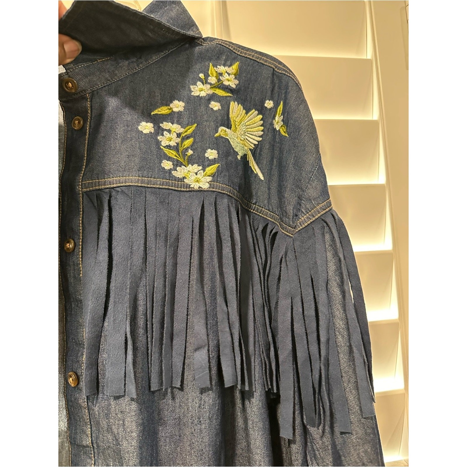 Embroidered Denim Fringe Button Up Shirt Cotton Floral Bird Western Boho Ranch