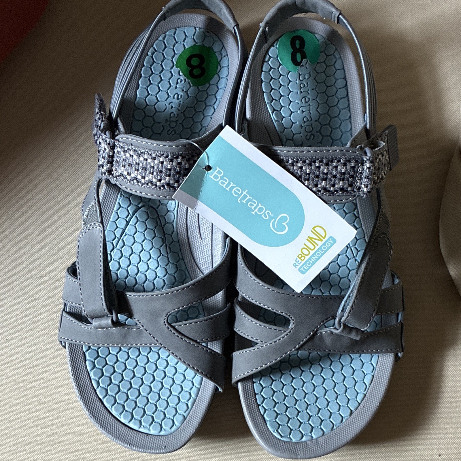 Baretraps Strappy Sandals Gray/Blue Hook & Loop Cushioned Women’s US 8