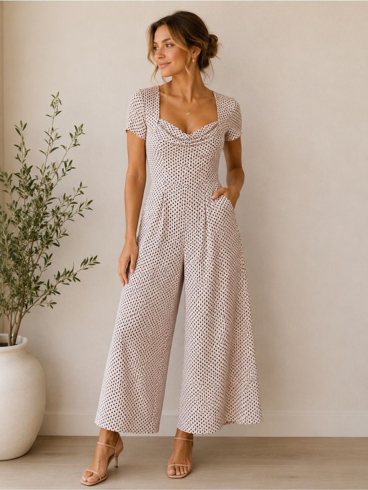Free People Love Story Wide Leg Jumpsuit Pink Geo Print Size 0