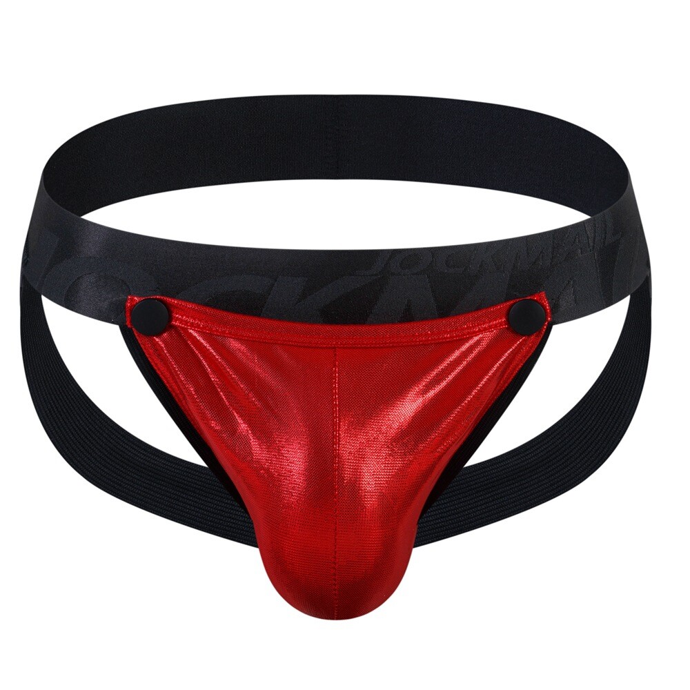 Men’s PU Rubber Coated Snap Pouch Sexy Jockstrap Underwear Lingerie Jock Strap