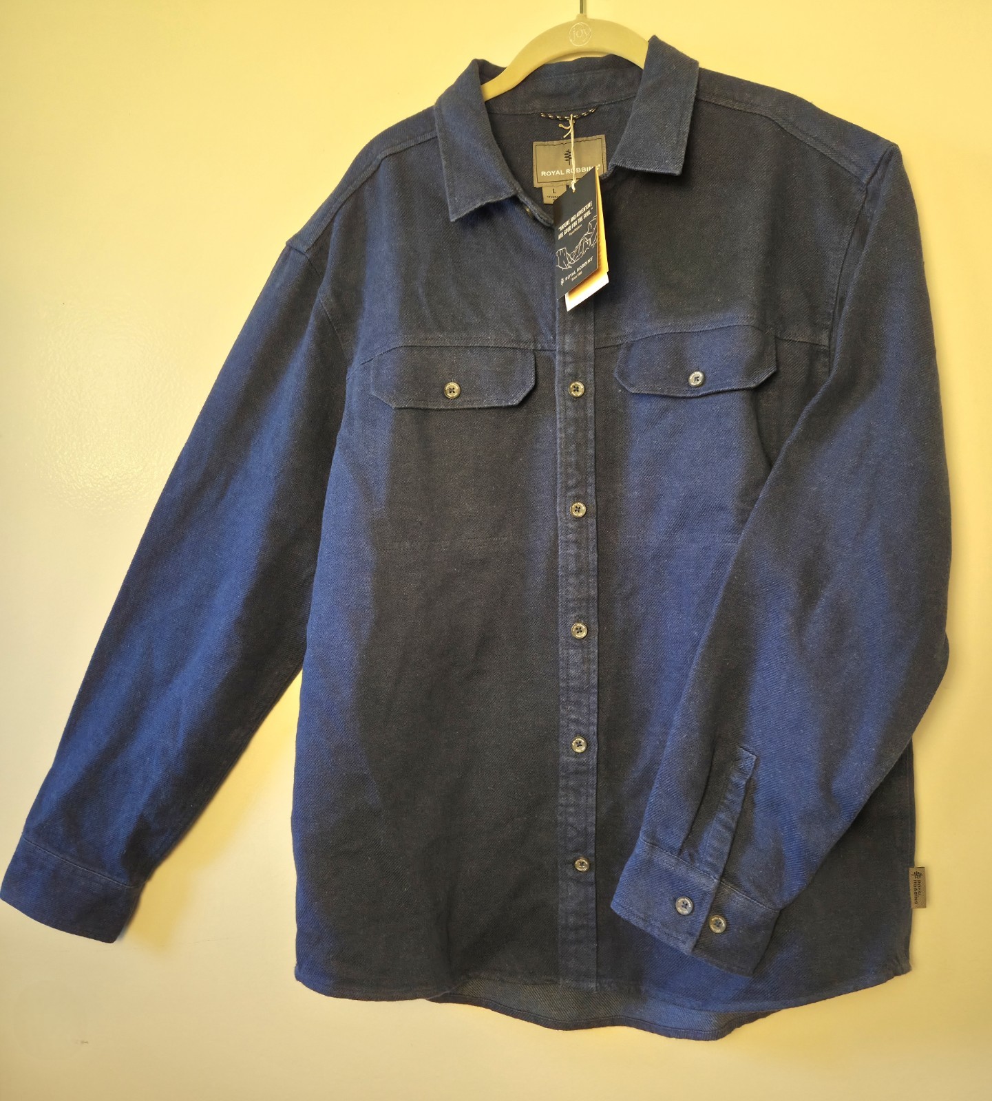 Royal Robbins Clouds Rest Hemp Shirt Mens Large L Deep Blue Heather Shacket NWT