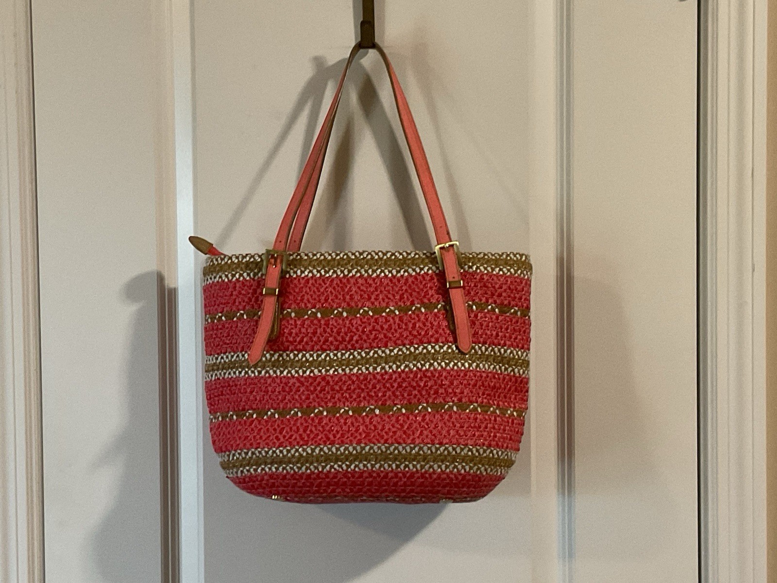 Eric Javits Pink Gold White Striped Tote snap Closure Lined Pockets Gold
