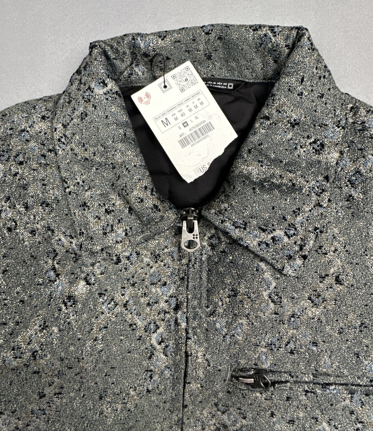 Zara Men’s Cropped Fit Jacquard Bomber Jacket Medium Black Grey Blue Coat NWT