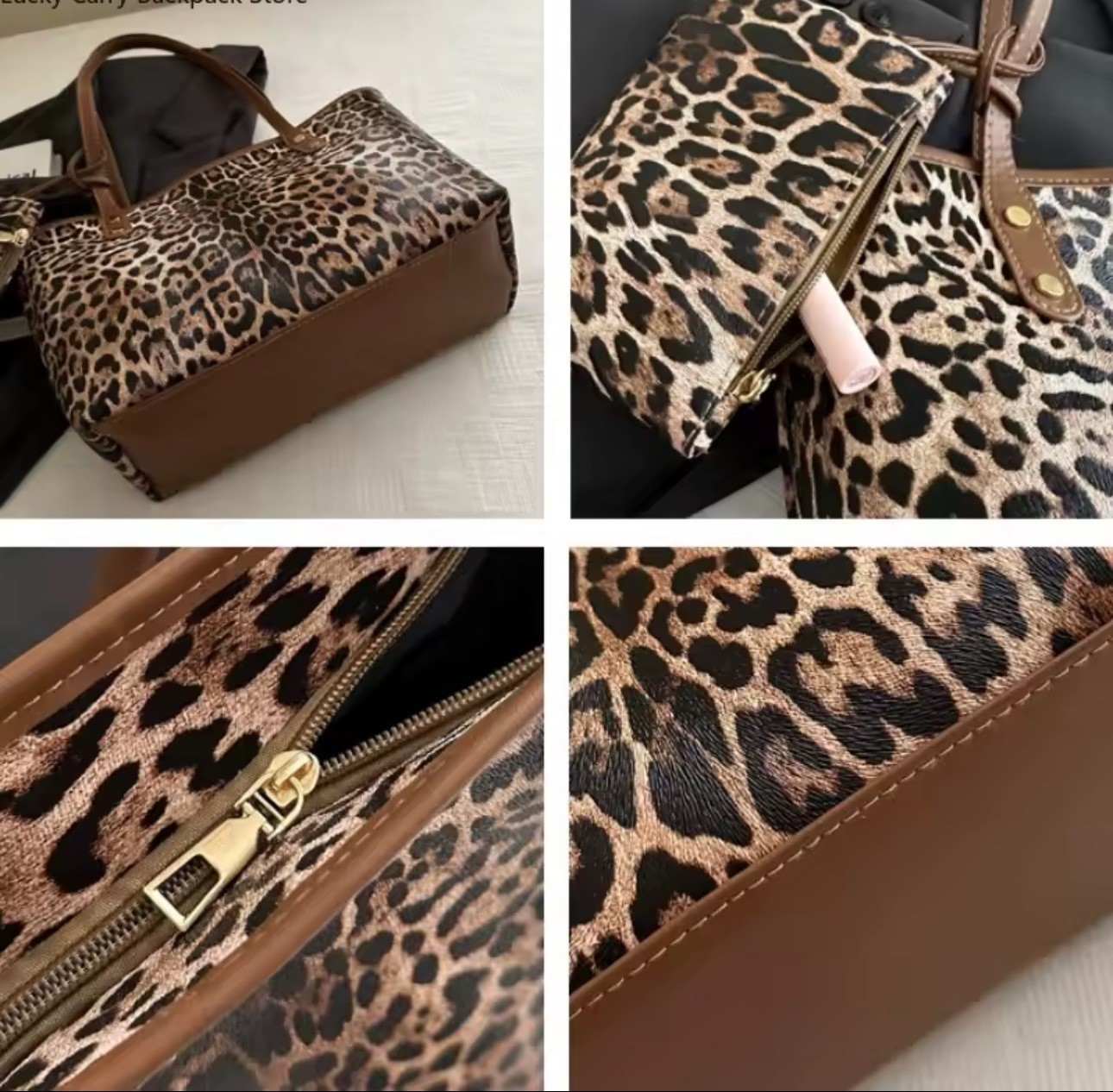 2 Set Women Leopard Print Tote PU Shoulder Bag Large Capacity