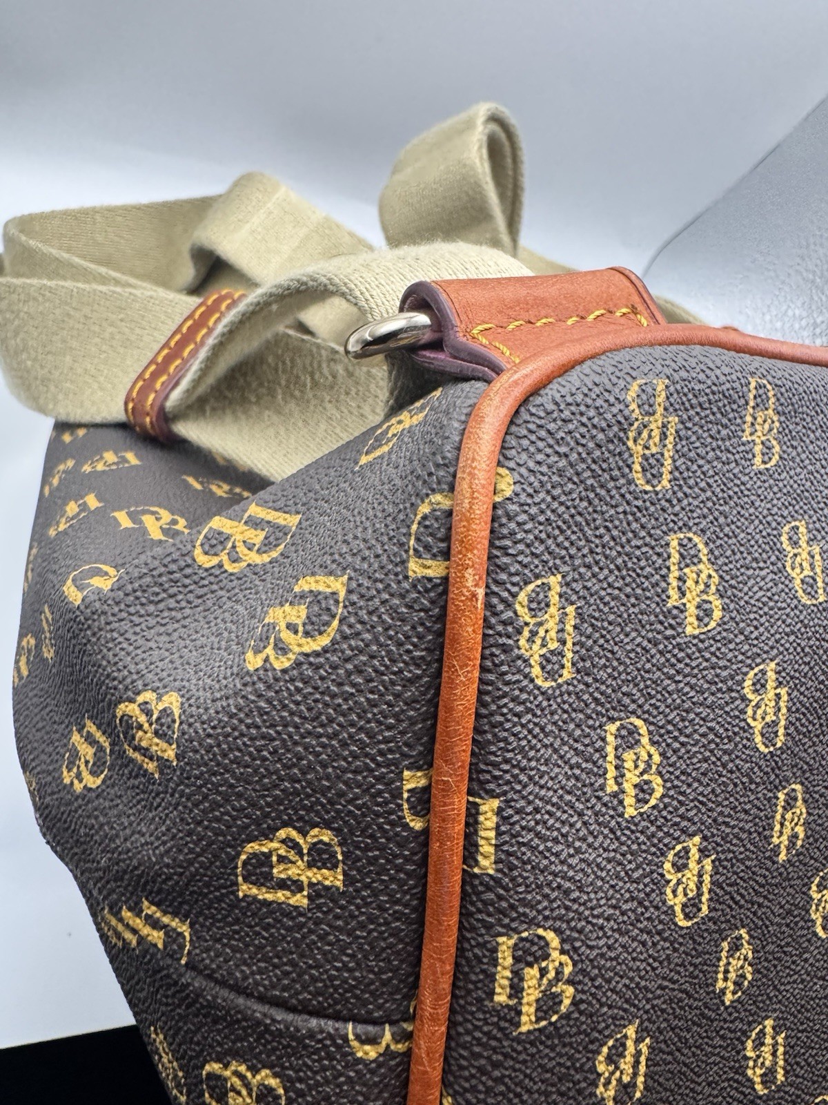 Dooney & Bourke Greta Signature Murphy Backpack Tassel Draw String Monogrammed