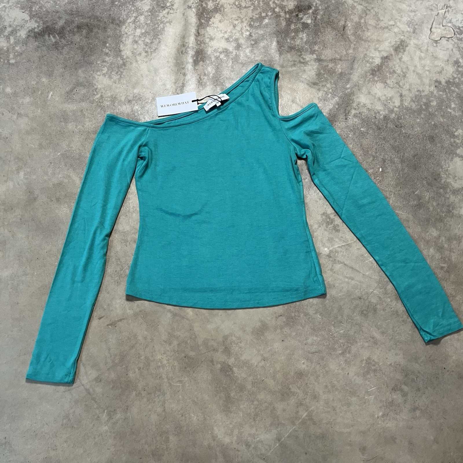 We Wore What Shirt Womens Size Medium Teal Green Rib Rayon Cold Shoulder Top