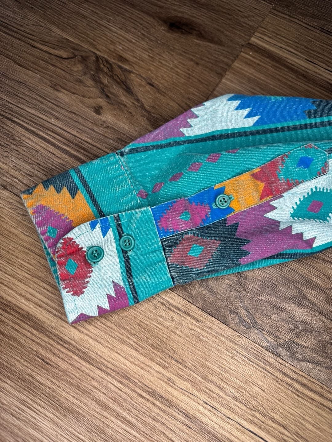 Vintage Wrangler Brushpopper Western Shirt Aztec Geometric Print Teal LongSleeve