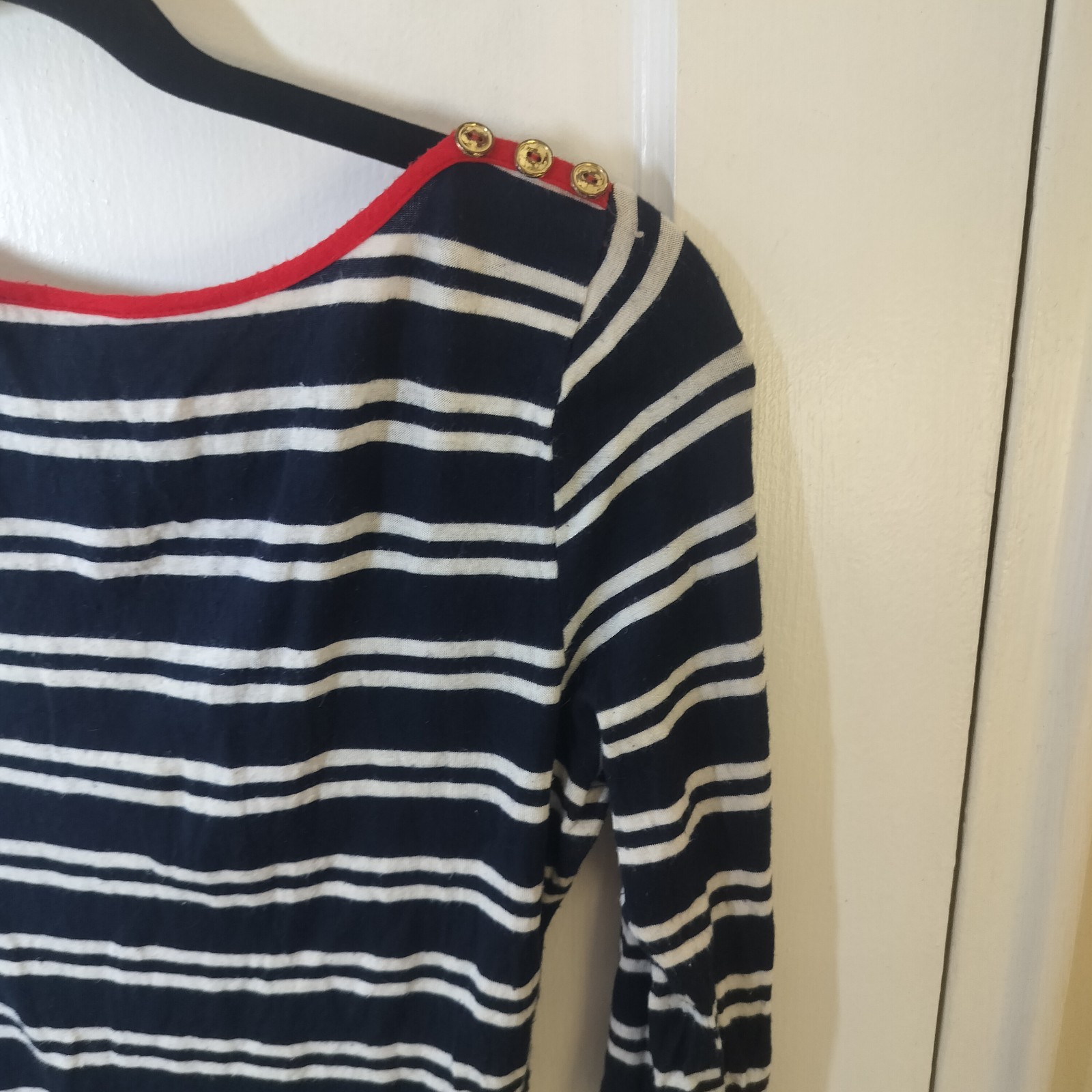 CELINE BY CHAMPION NAVY WHITE STRIPED BOAT NECK TOP RED TRIM BUTTON 3/4 SLEEVE