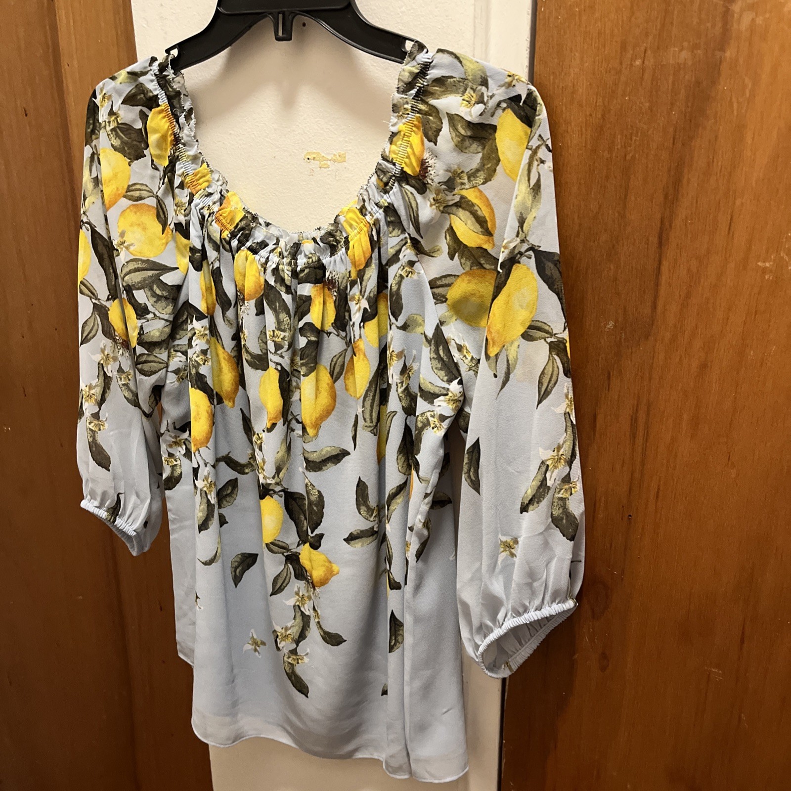 White House Black Market Light Blue Lemon Print Off The ShoulderBlouse Size Med
