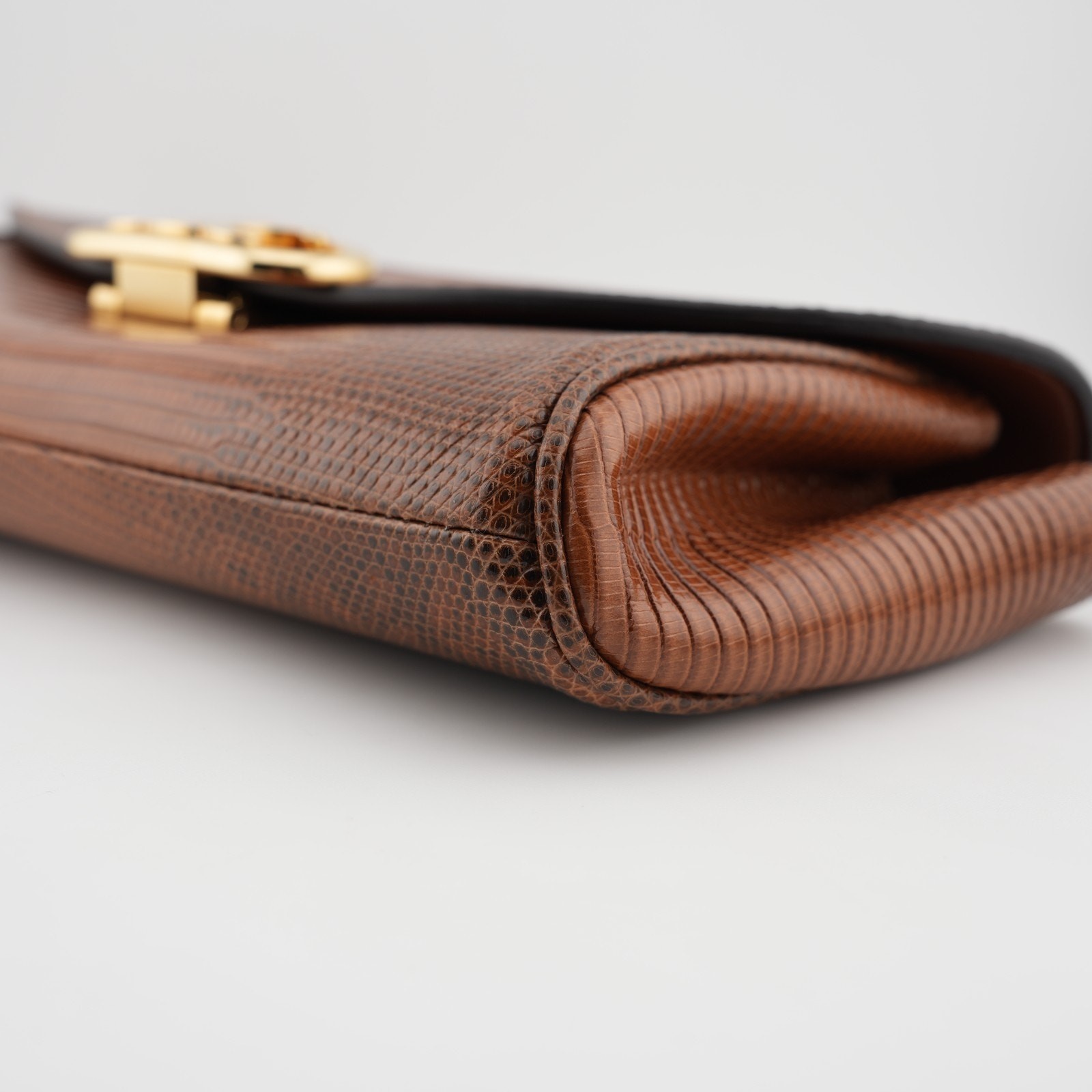 Celine Shiny Lizard Leather Maillon Triomphe Clutch Brown