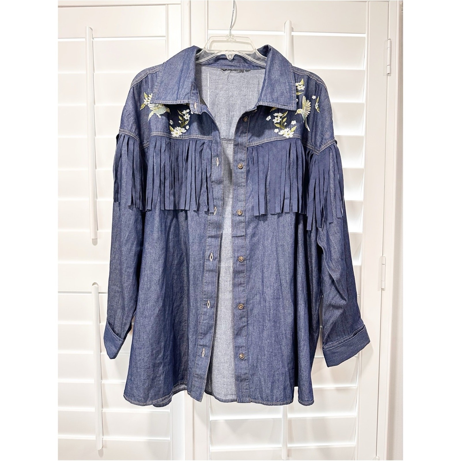 Embroidered Denim Fringe Button Up Shirt Cotton Floral Bird Western Boho Ranch