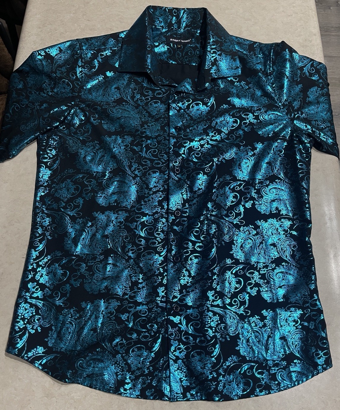 Barry Wang Men’s Blue & Black Paisley Print Button Down Front Dress Shirt Sz M