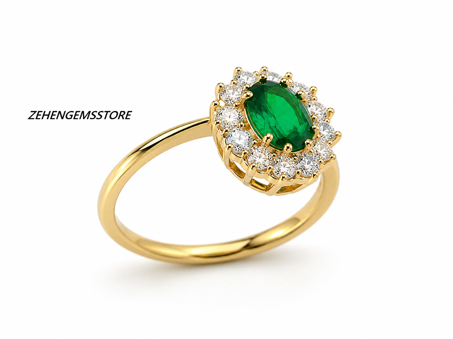 Emerald LabCreated Halo Ring Oval Green Gemstone Gold Plated 925 Sterling Silver