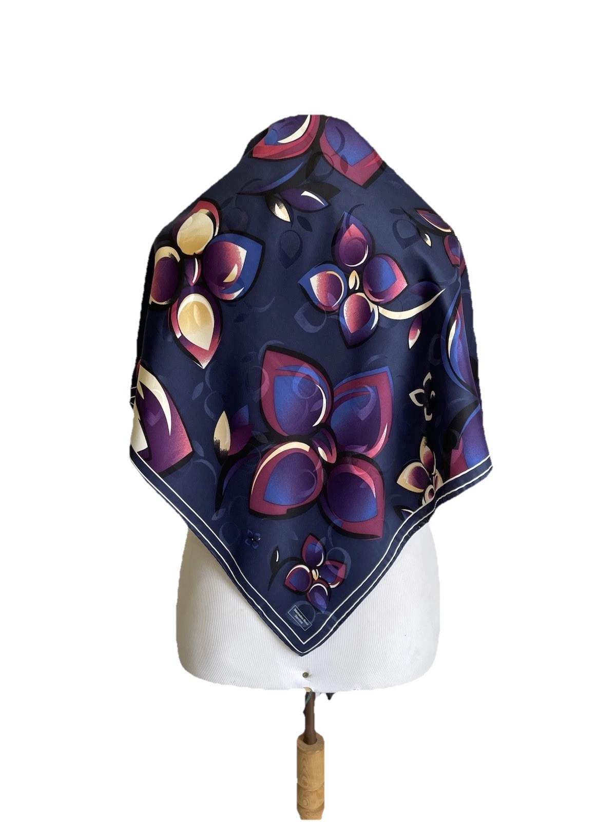 AS5# Mercedes Benz Service Silk Scarf Made In Italy Navy Blue Purple Floral Logo