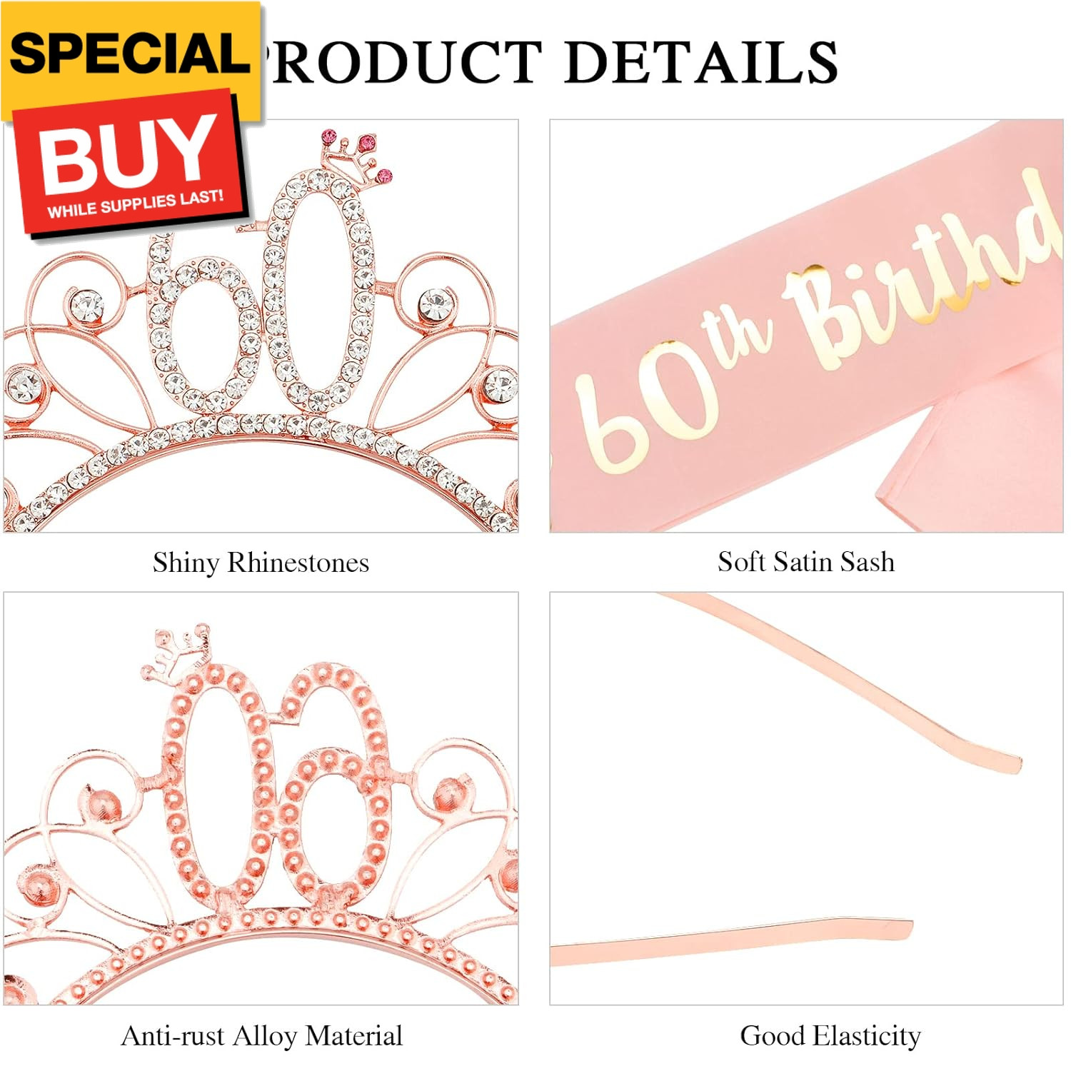 60th Birthday Sash and Tiara for Women, Rose Gold Birthday Sash and Crown Set, 6