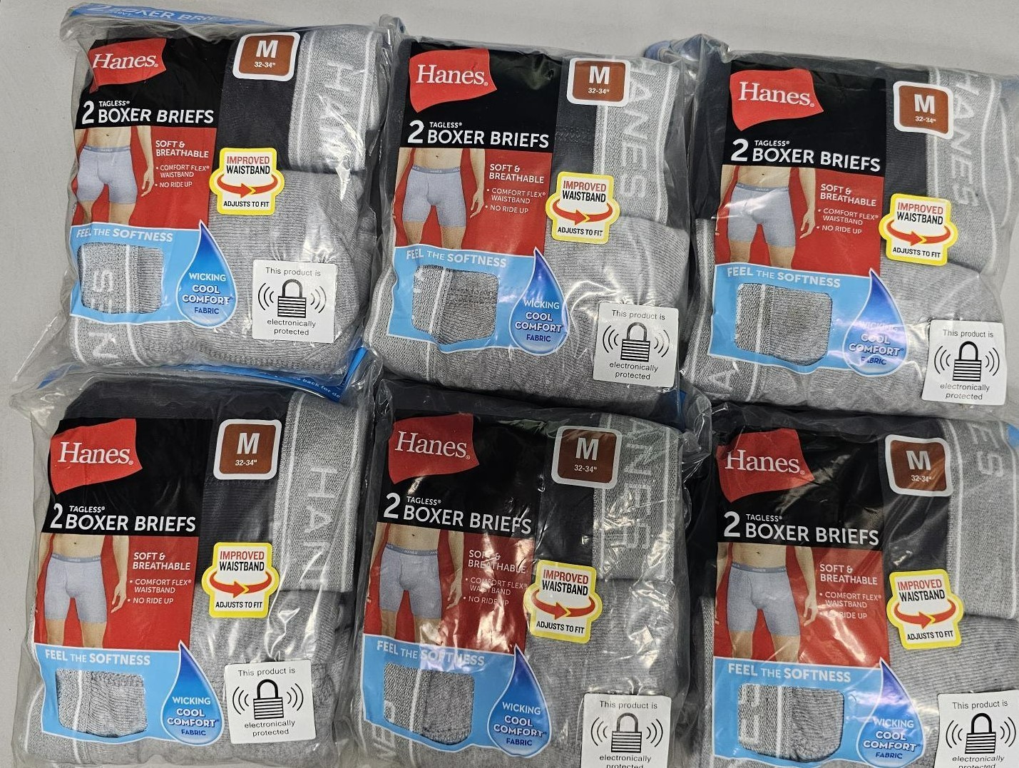 6 bags Hanes Mens Size M 32-34 Black Gray Tagless Boxer Briefs Underwear 2/Pack