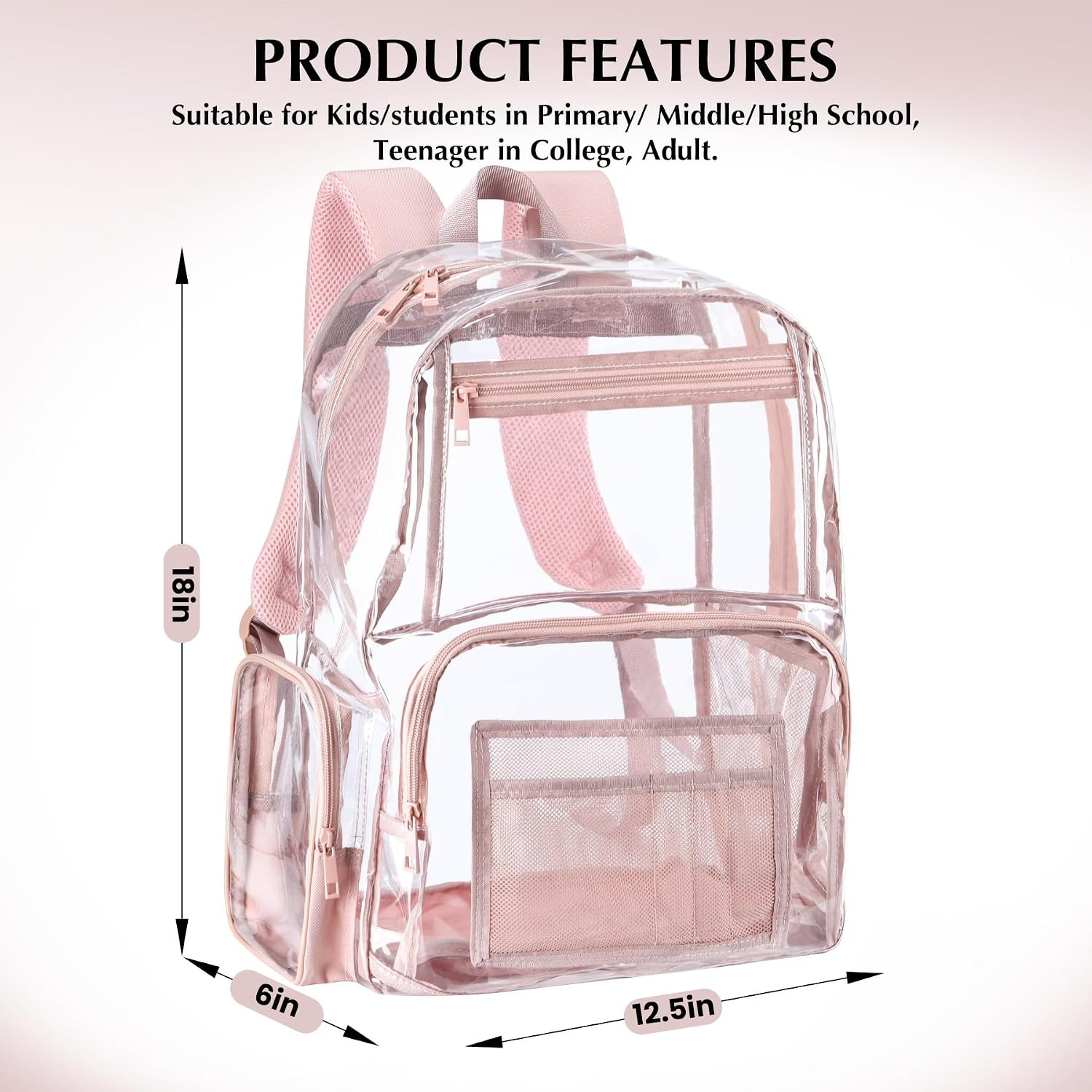18In Clear Backpack for School Heavy Duty Transparent Bookbag for Girls | Pink,S