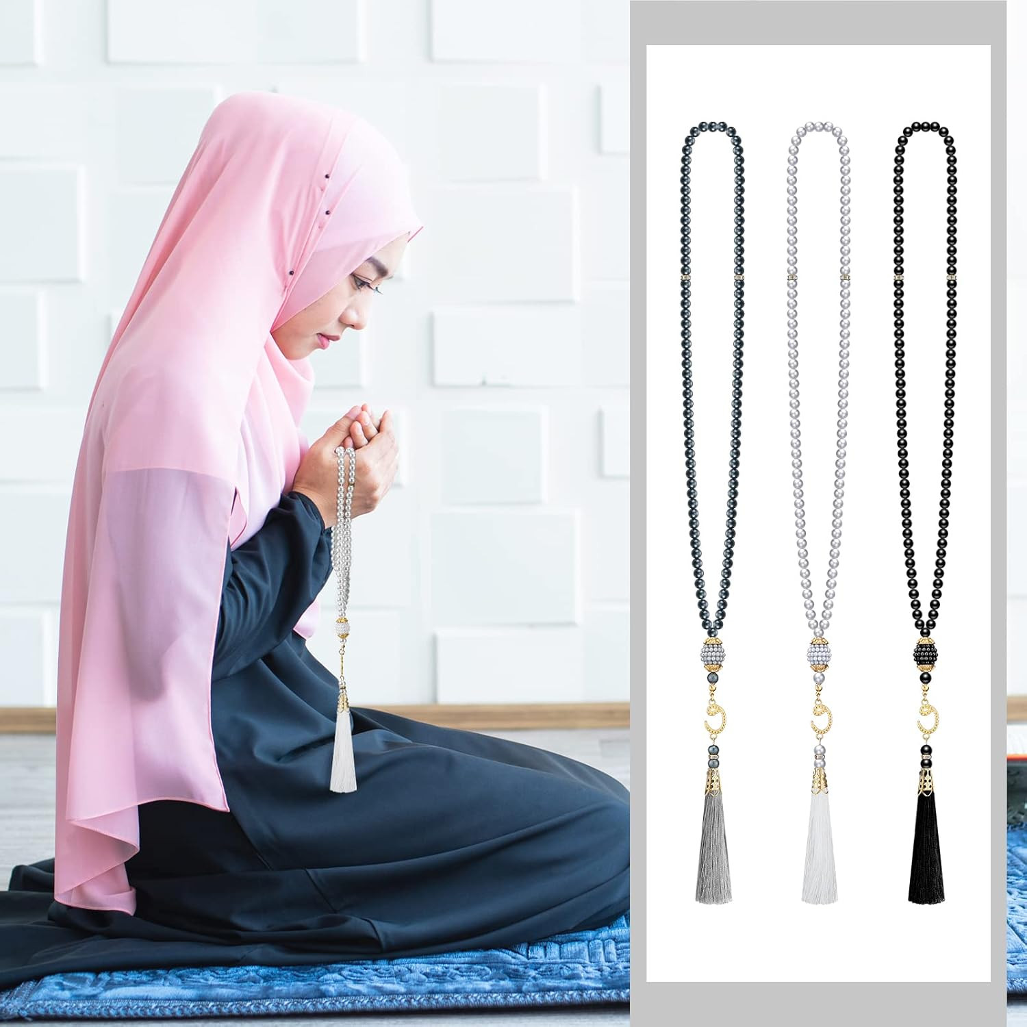 6 Pcs Kufi Hats for Men Muslim Hat and Prayer Beads Set Stretchy Taqiyah Cap Lar