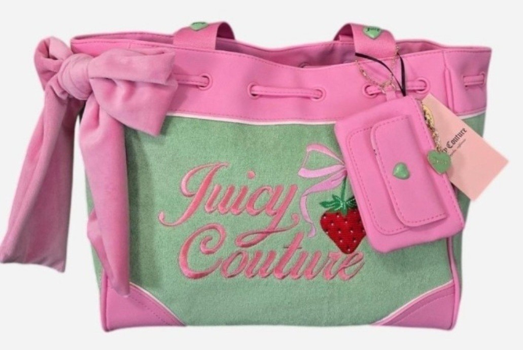 Juicy Couture Pink & Green Tote Strawberry Embroidery Bow Charm Tag Drawstring