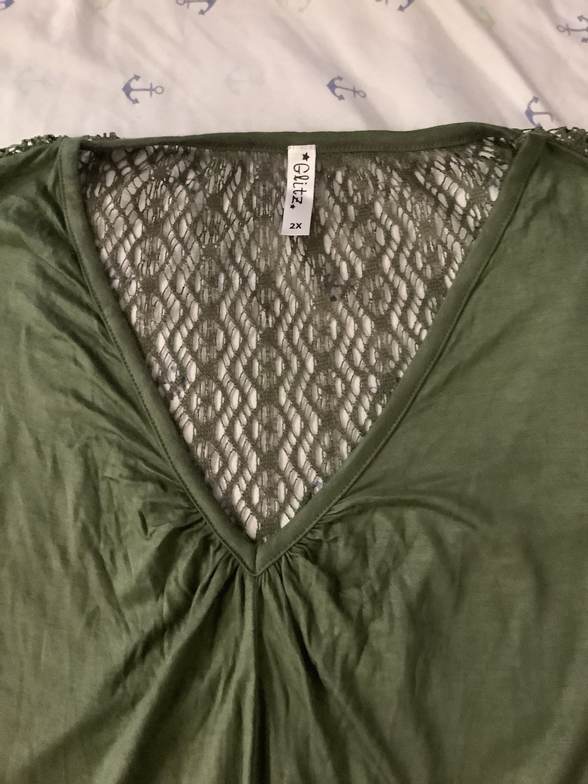 Glitz Women’s Olive Green Lace V-Neck Circle Batwing Dolman Sleeve Blouse 2X