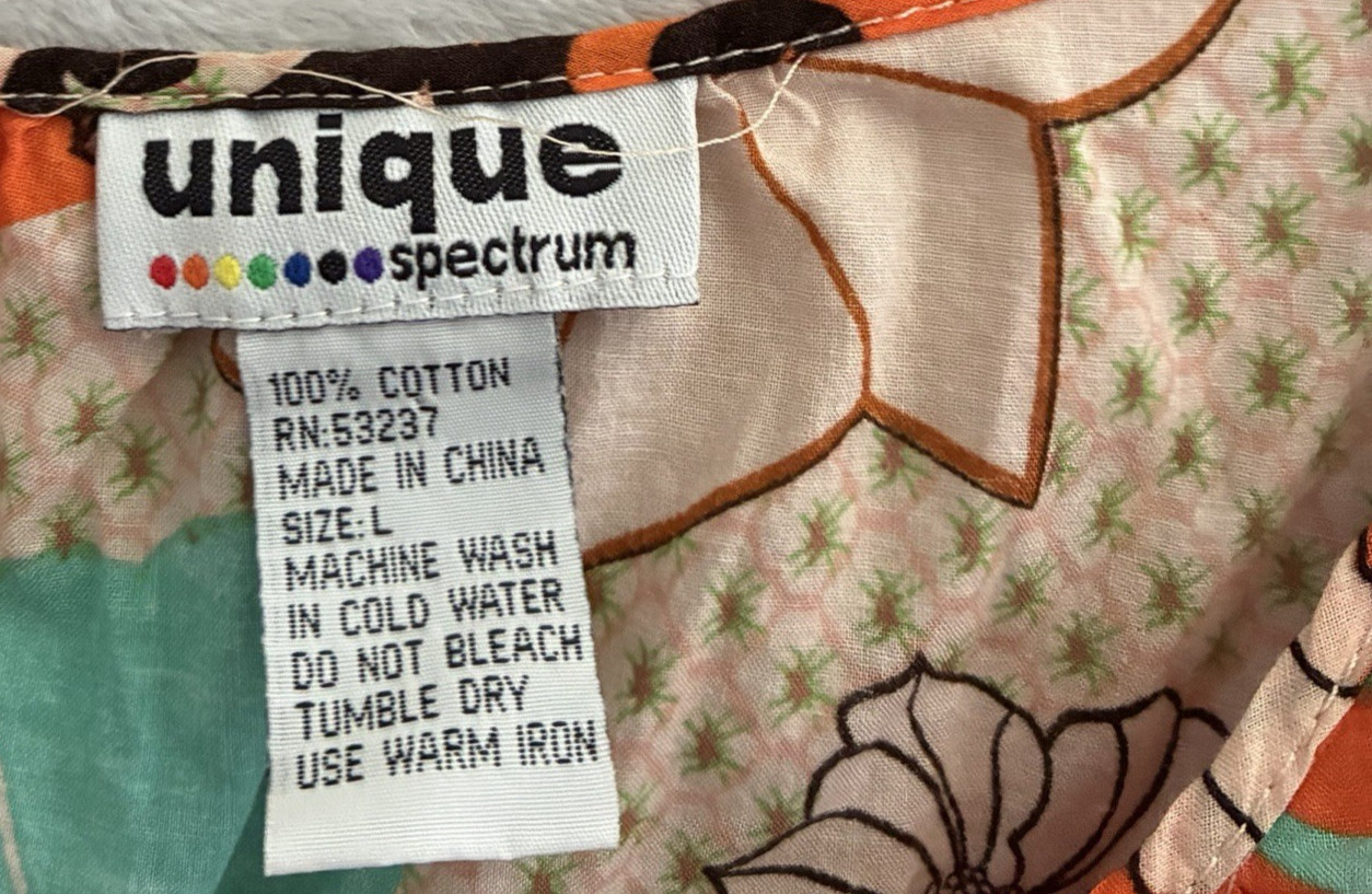 Unique Spectrum Womans Blouse Top Orange Floral Large Cotton Short Sleeve