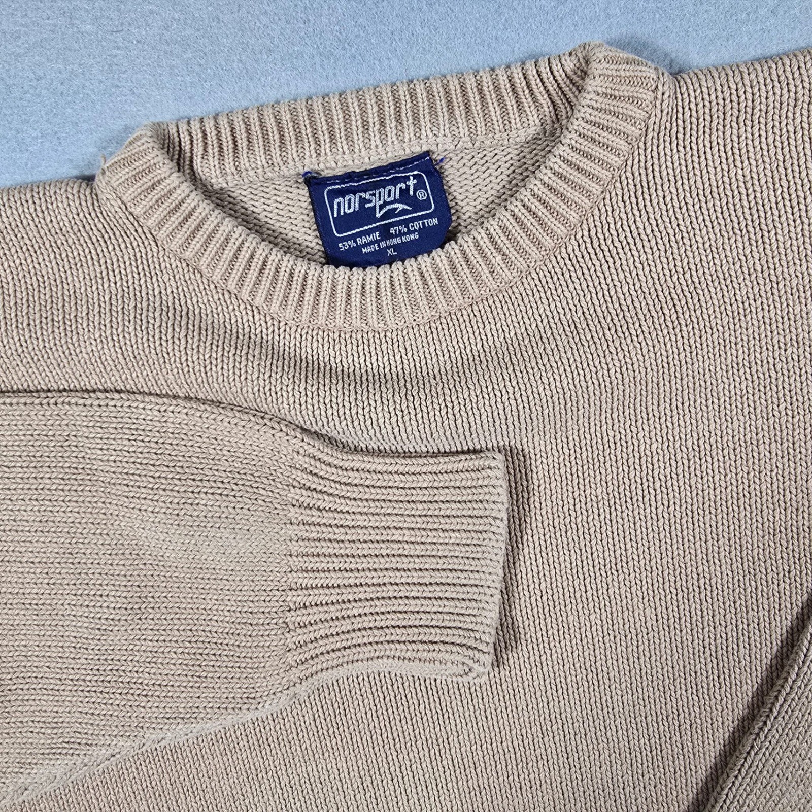 Norsport Men XL Tan Cotton Ramie Sweater Crewneck Shaker Knit Solid Vintage