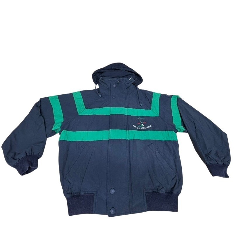 Nautica Challenge J-Class Sailing Jacket Mens Large Navy Green Vintage Hooded