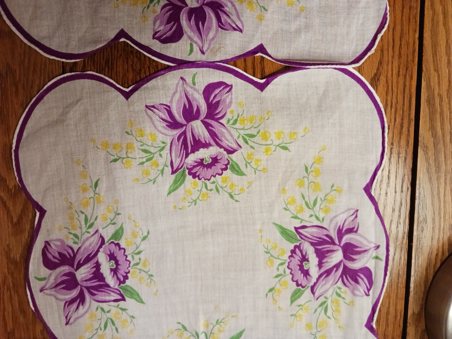 2 Vintage Ladies Hankies -Pretty Purple Irises. 11 X 11.5 in. Nice Condition.