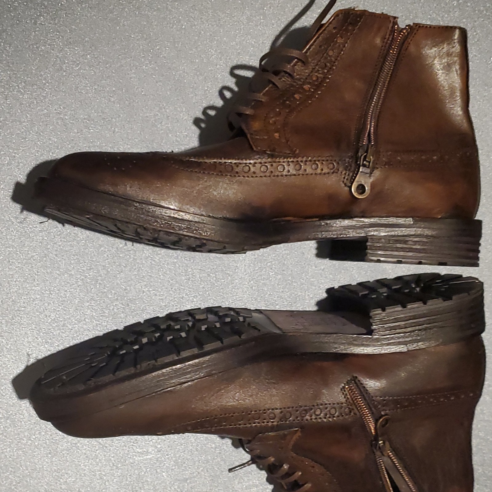 Men’s Brown Leather Wingtip Ankle Boots Lace-Up Side Zipper EU Sz R40/L41 Italy.