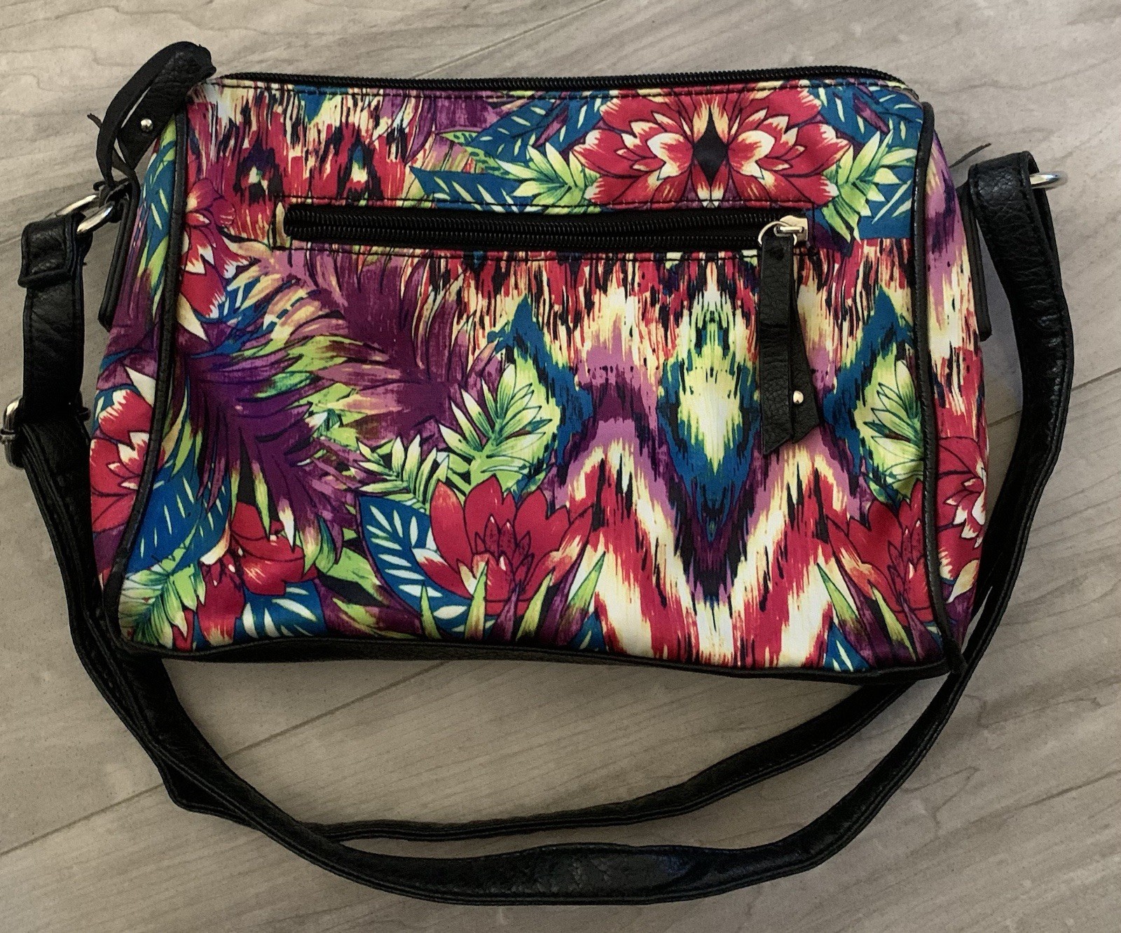 Nicole Miller Black Multi Color Hand Bag Purse Bright Leaves Flowers Colorful