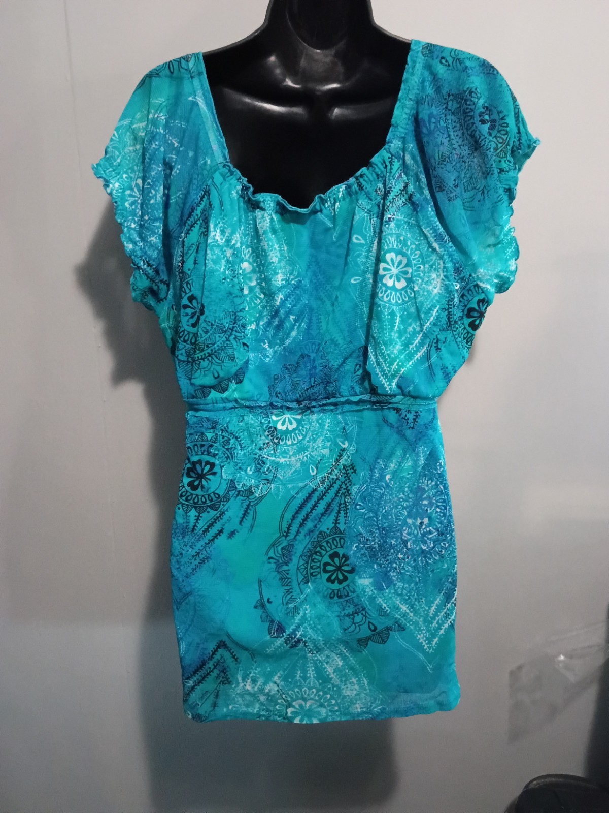 Liz Claiborne Axcess Shirt XL Scoop Neck Short Cap Sleeve Floral Blue Blouse