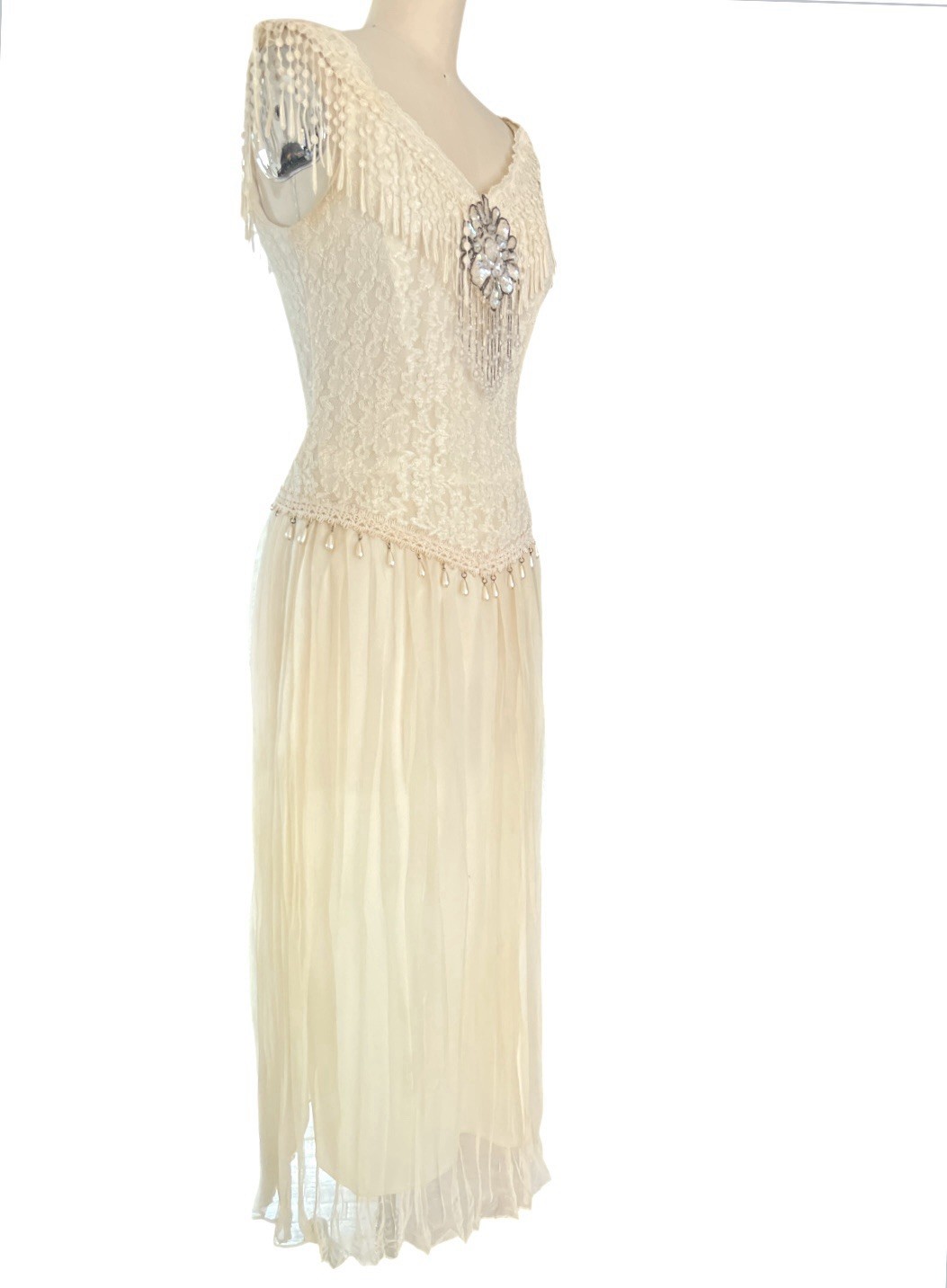 Y2K 90s Lace Midi Dress Sheer Pleated Pearl Beaded Fringe Cottagecore Bridal