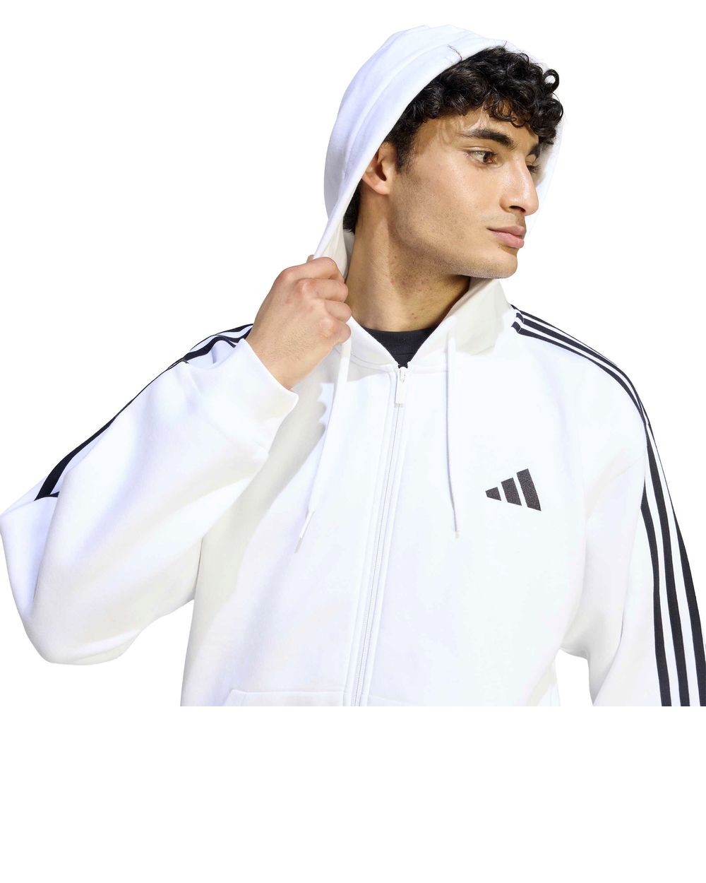 Hoodie Jacket MENS Adidas White Essentials 3-Stripes FLEECE Full Zip Cotton