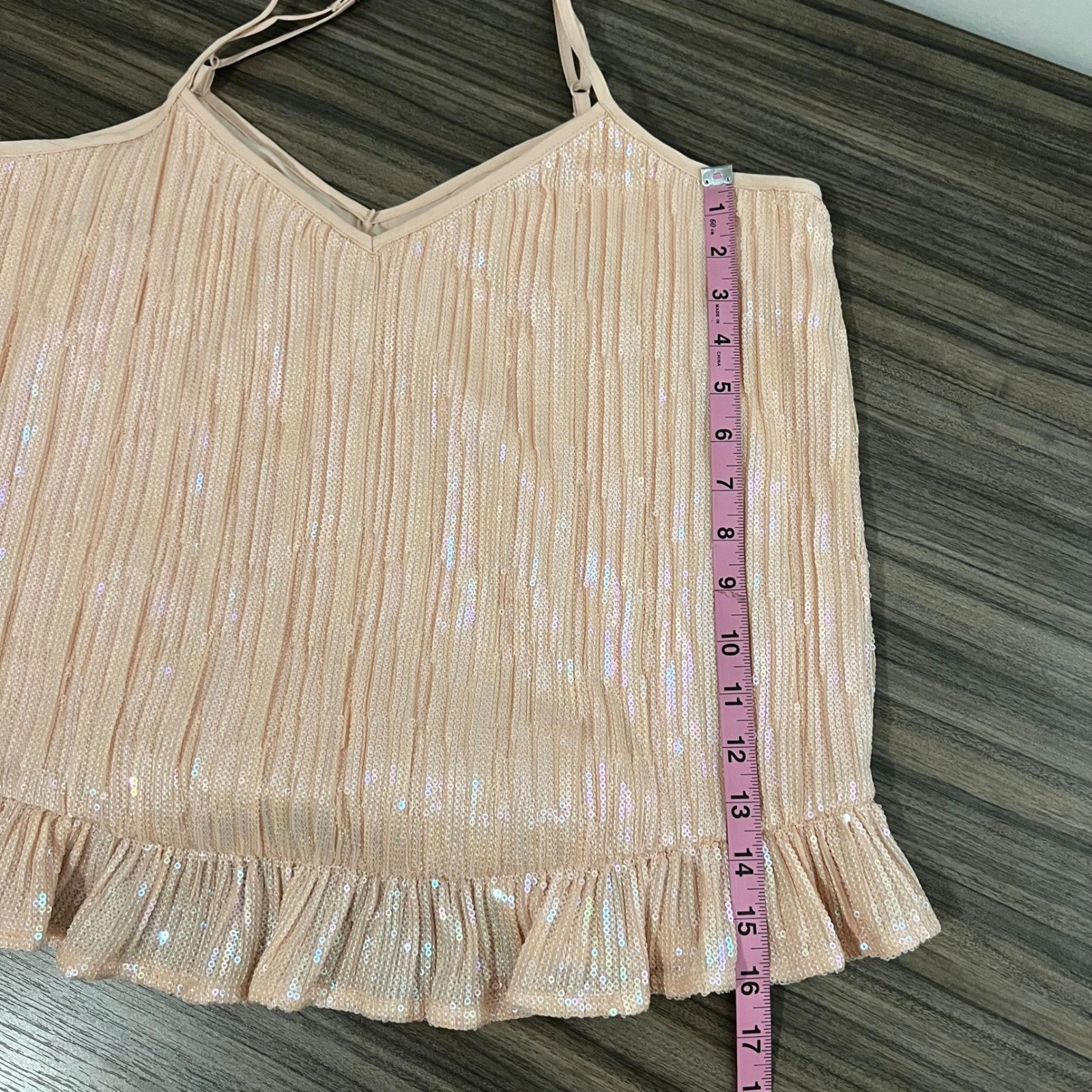 By Anthropologie Peach Iridescent Sequin Pleated Cami Peplum Top US 10 UK 14