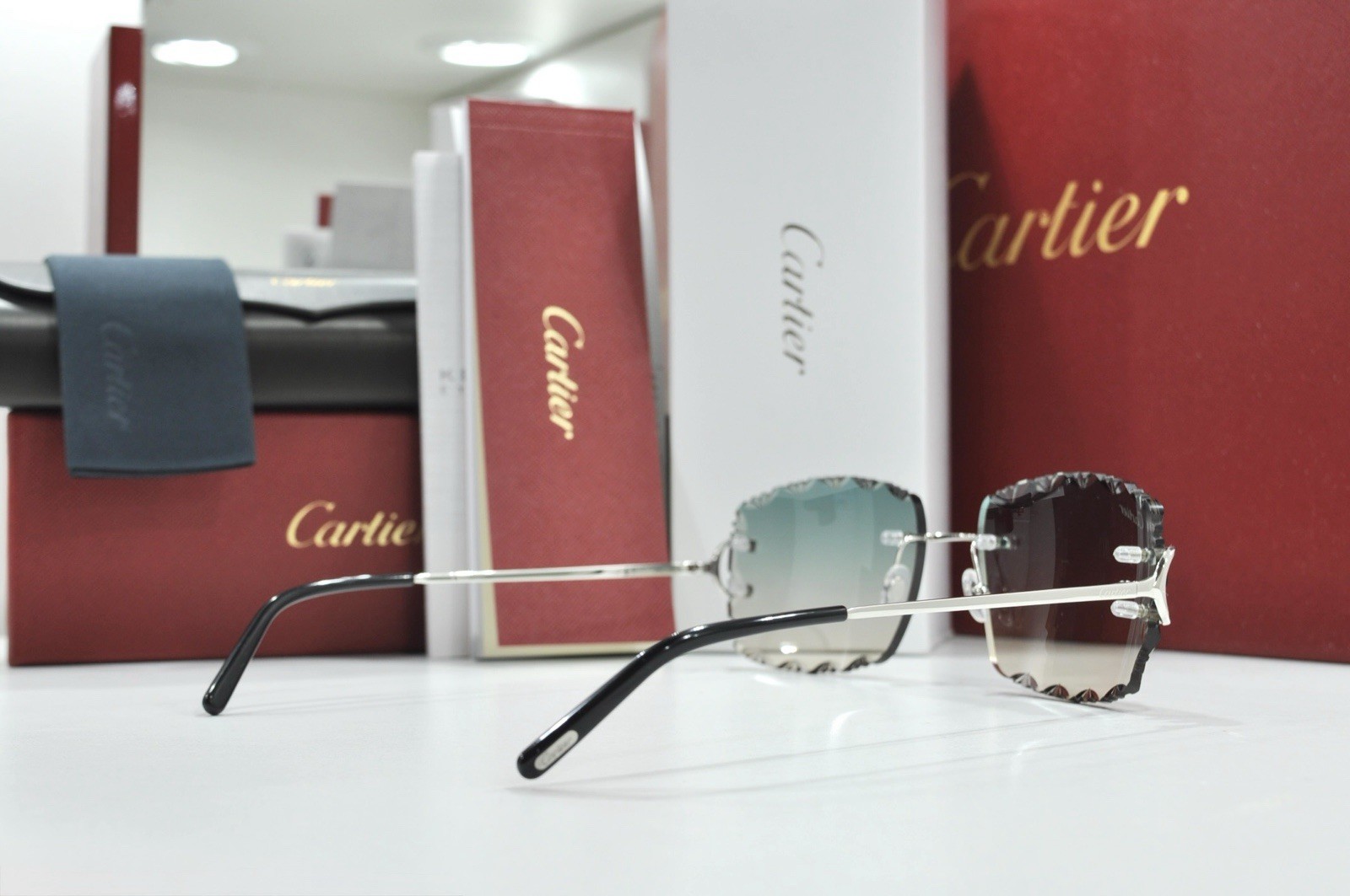 Cartier rimless sunglasses piccadilly glasses Diamond Cut BIG C silver Frame