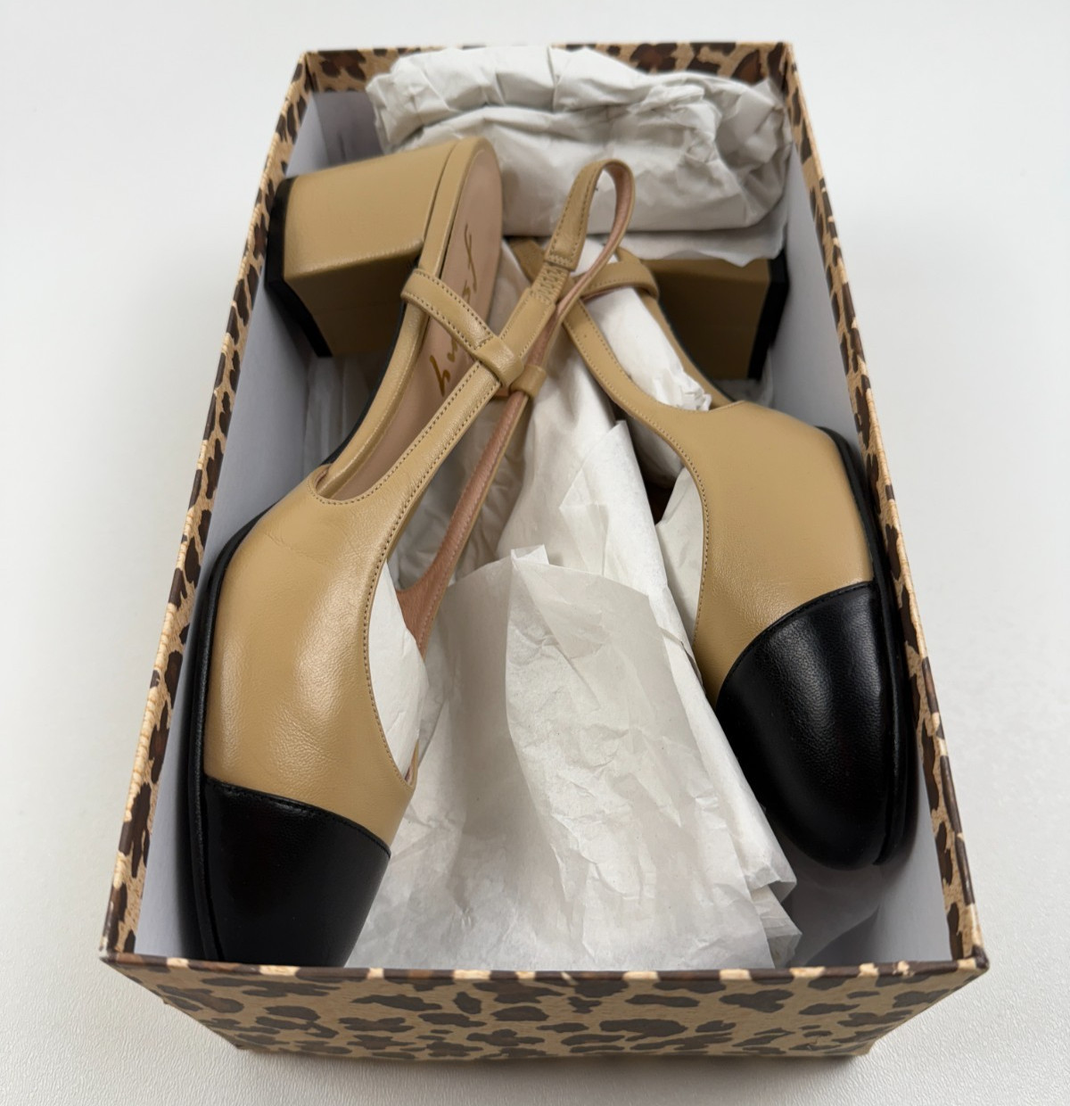 French Sole FS/NY Tuckernuck Slingback Baton Heels Camel Napa/Black NWT