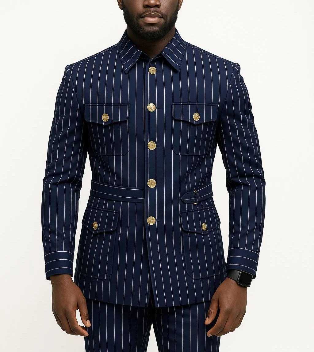 Navy Blue Pinstriped Men’s Suits Safari Jacket Wedding Outdoor Hunting Coat Pant