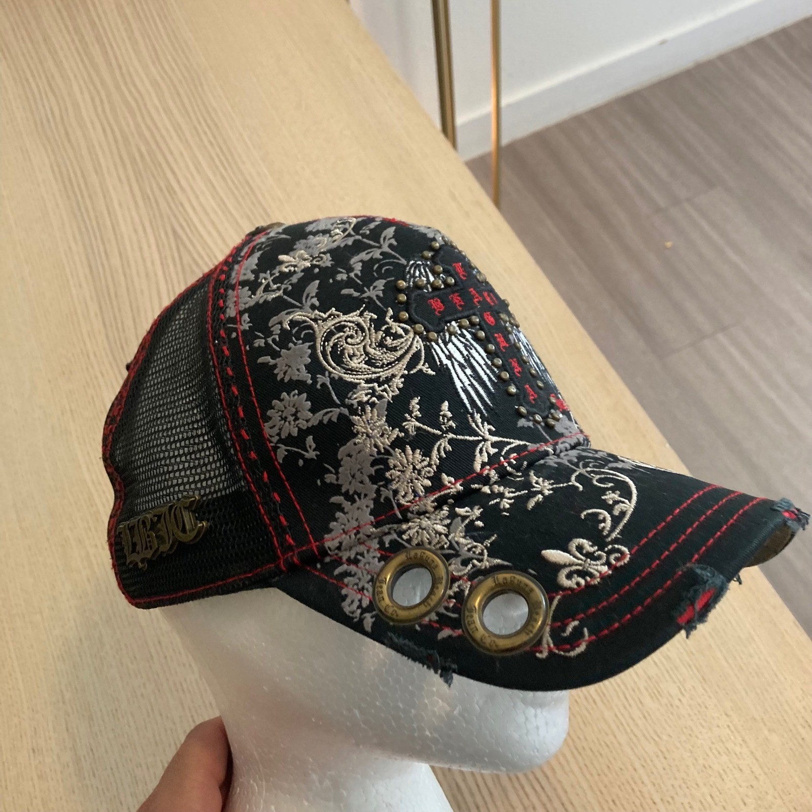 Laguna Beach Jean Co Hat Mens OS Cross Y2K Grunge Gothic Embroidered Distressed
