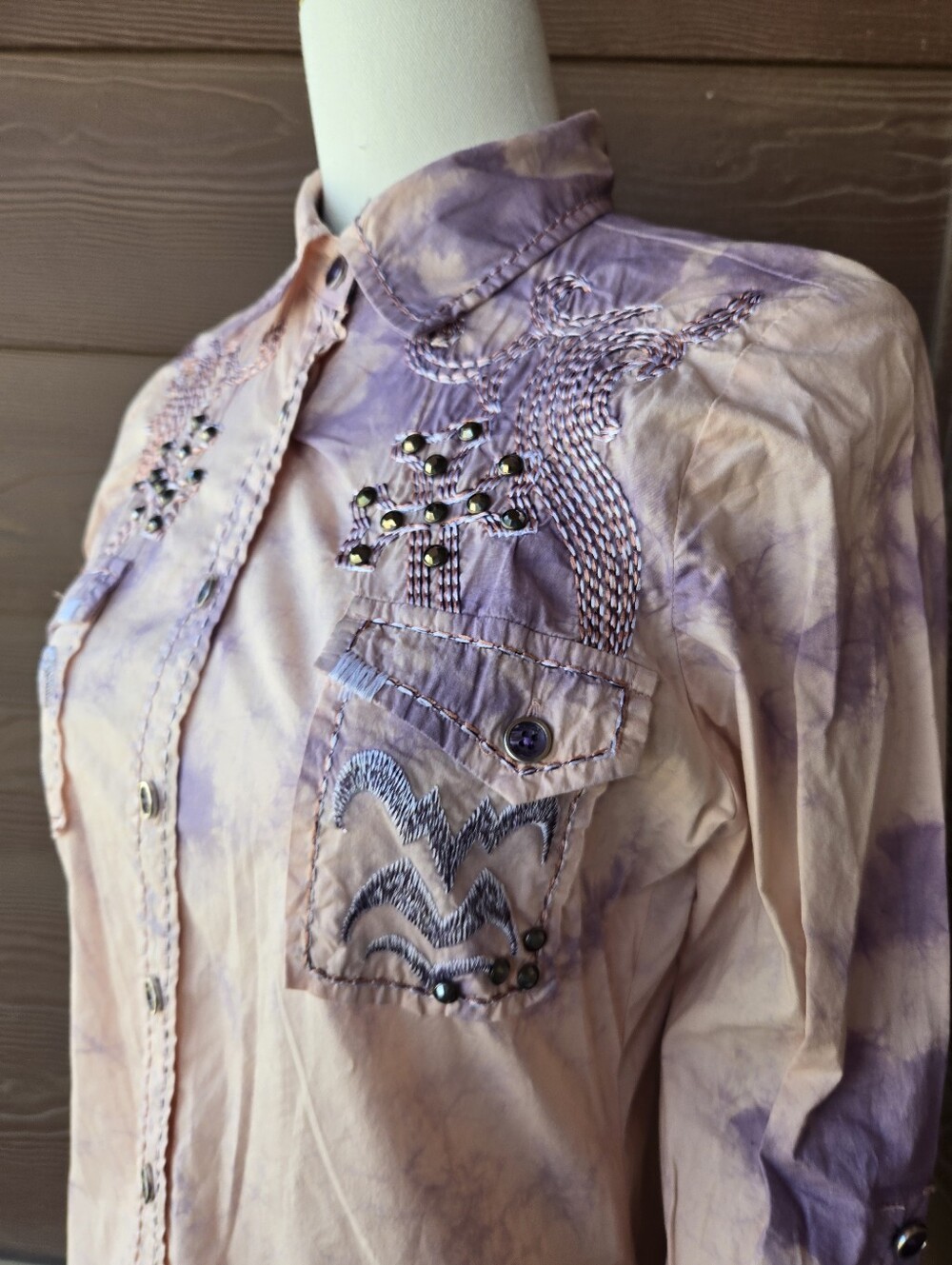 ROAR Women’s Western Rhinestone Embellished Embroidered Tie-Dye Button-Up Shirt